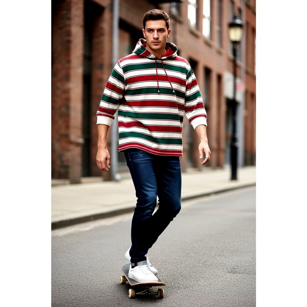 Vtg 90s Striped Hooded Rugby Top Elbow Sleeve Preppy Grunge Skater Xmas 2XL XXL